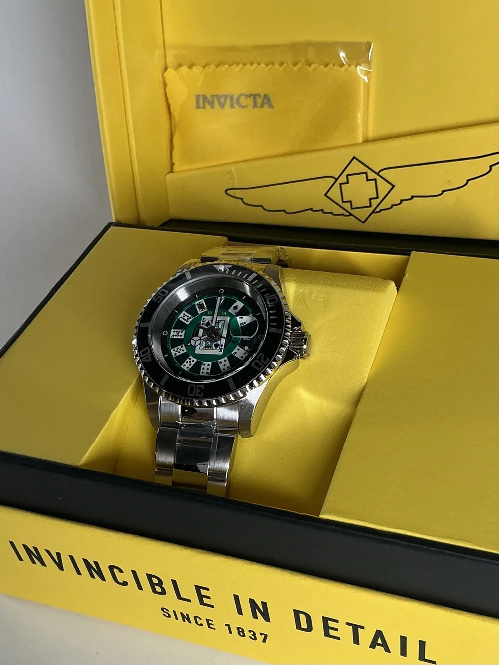 Men’s black, green and silver watch with playing cards-50524